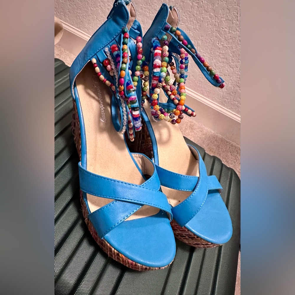 Blue wedges with multi-colored beads, new without tags